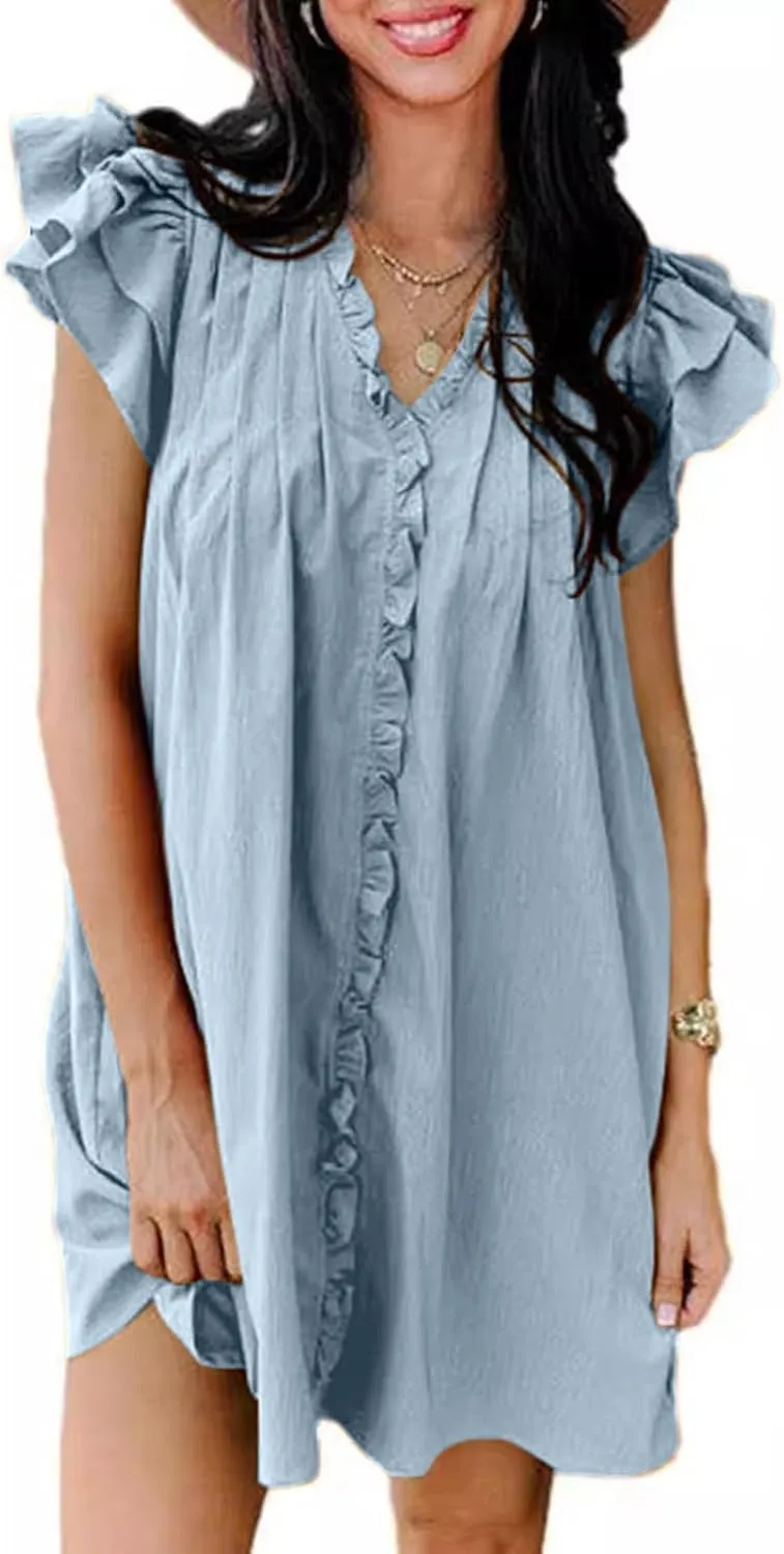 XUNRYAN Summer Dresses Womens 2025 V Neck Ruffle Cap Sleeve Mini Dress Casual Flowy Pleated A Line Sundress Fashion Clothes