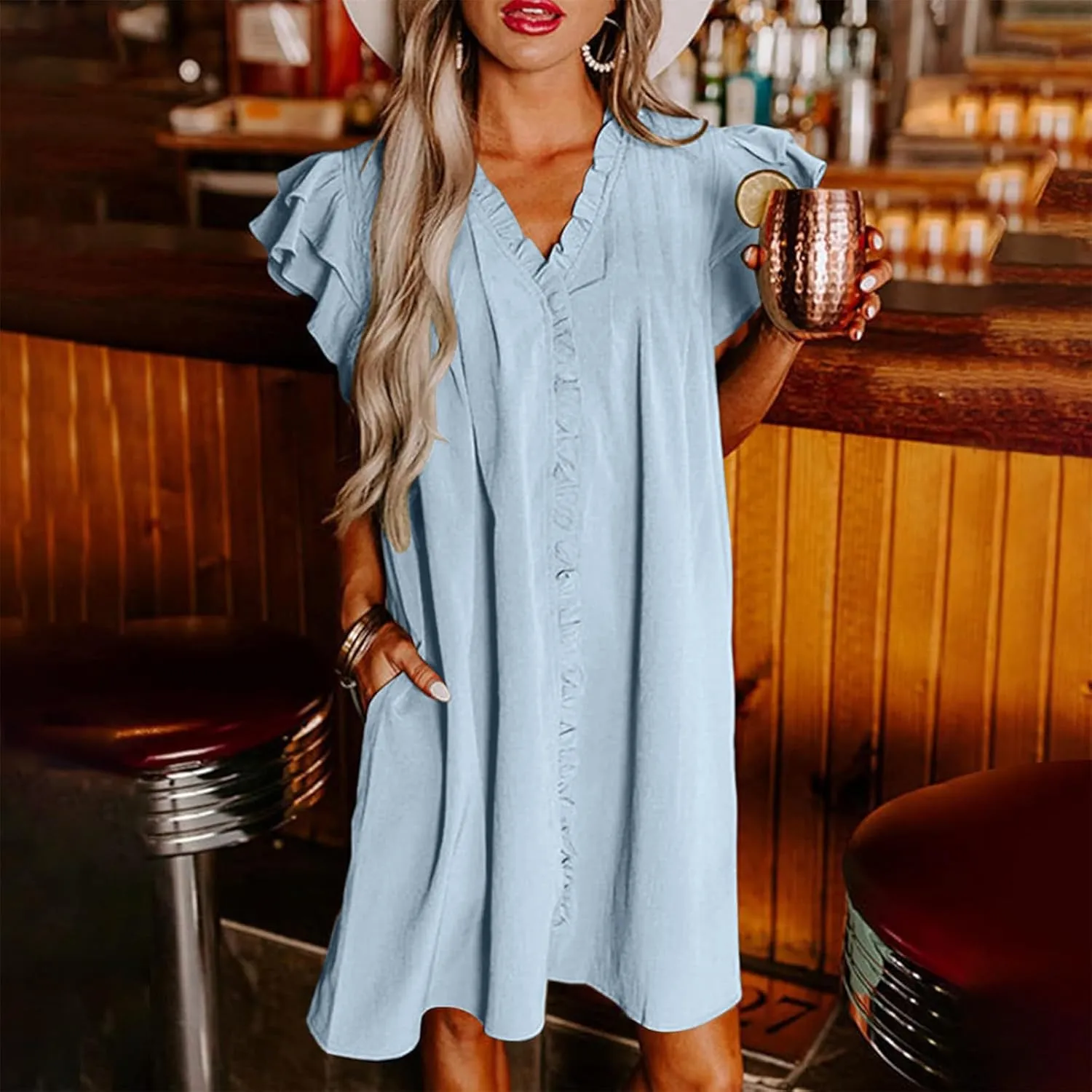 XUNRYAN Summer Dresses Womens 2025 V Neck Ruffle Cap Sleeve Mini Dress Casual Flowy Pleated A Line Sundress Fashion Clothes