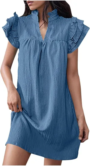 XUNRYAN T-Shirt Dresses Women Ruffle Sleeve Summer Casual Textured Short Mini Dress Trendy Sundress Beach Vacation Outfit