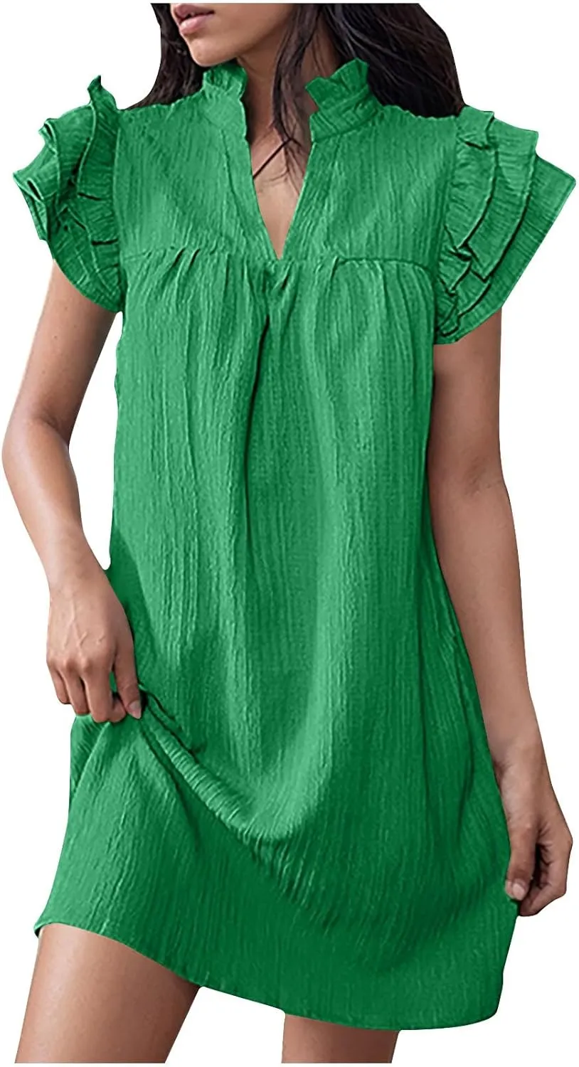 XUNRYAN T-Shirt Dresses Women Ruffle Sleeve Summer Casual Textured Short Mini Dress Trendy Sundress Beach Vacation Outfit