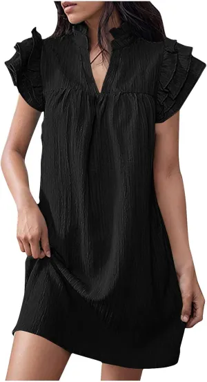 XUNRYAN T-Shirt Dresses Women Ruffle Sleeve Summer Casual Textured Short Mini Dress Trendy Sundress Beach Vacation Outfit