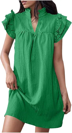 XUNRYAN T-Shirt Dresses Women Ruffle Sleeve Summer Casual Textured Short Mini Dress Trendy Sundress Beach Vacation Outfit