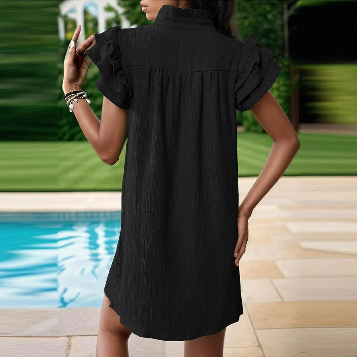 XUNRYAN T-Shirt Dresses Women Ruffle Sleeve Summer Casual Textured Short Mini Dress Trendy Sundress Beach Vacation Outfit