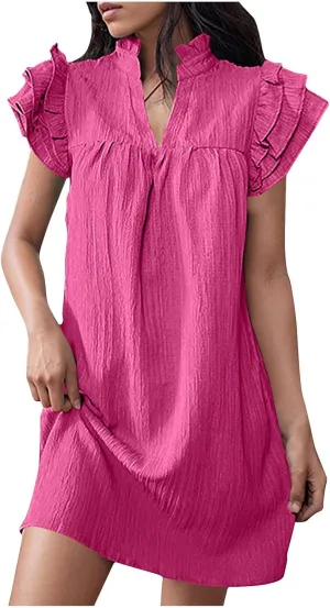 XUNRYAN T-Shirt Dresses Women Ruffle Sleeve Summer Casual Textured Short Mini Dress Trendy Sundress Beach Vacation Outfit