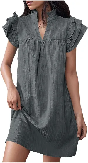 XUNRYAN T-Shirt Dresses Women Ruffle Sleeve Summer Casual Textured Short Mini Dress Trendy Sundress Beach Vacation Outfit