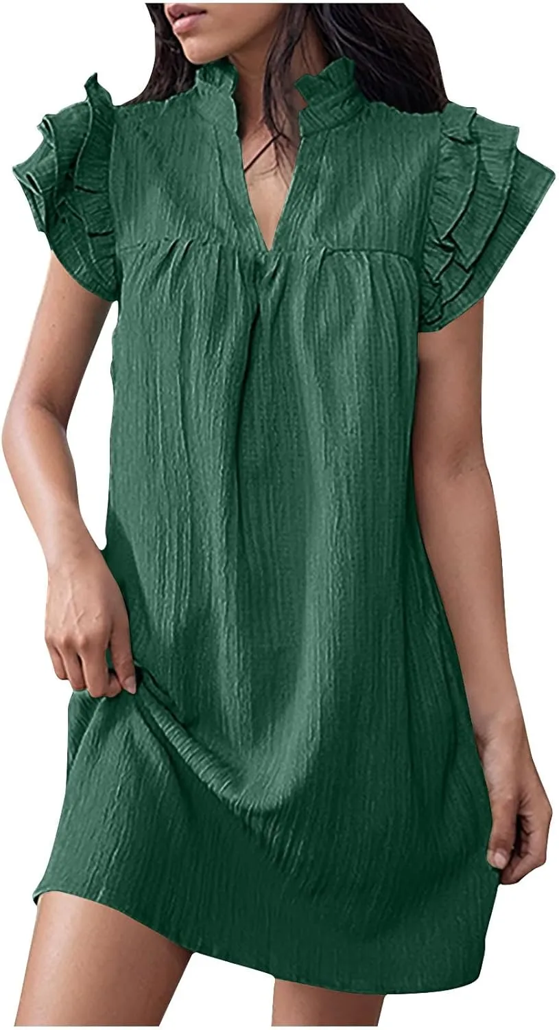 XUNRYAN T-Shirt Dresses Women Ruffle Sleeve Summer Casual Textured Short Mini Dress Trendy Sundress Beach Vacation Outfit