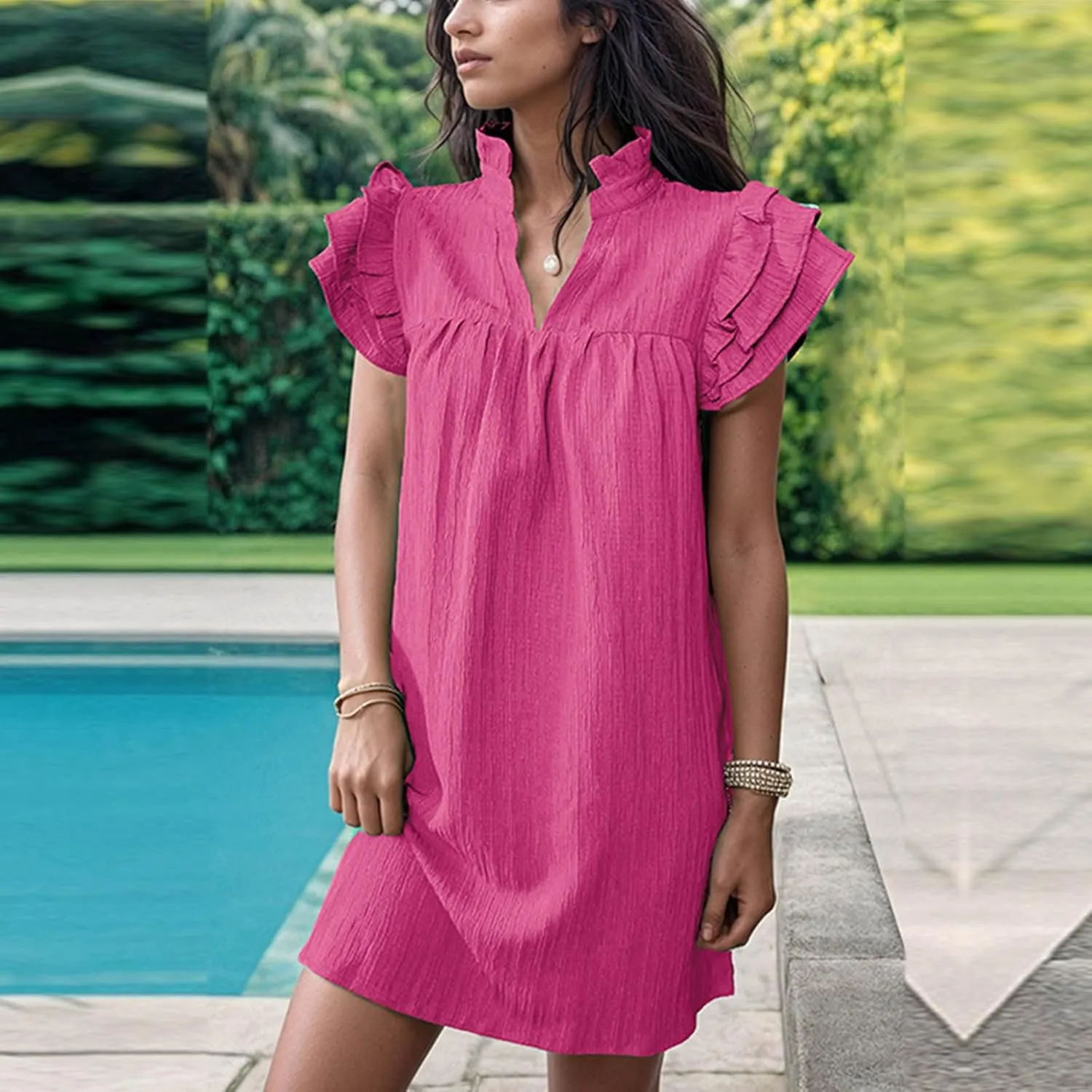 XUNRYAN T-Shirt Dresses Women Ruffle Sleeve Summer Casual Textured Short Mini Dress Trendy Sundress Beach Vacation Outfit