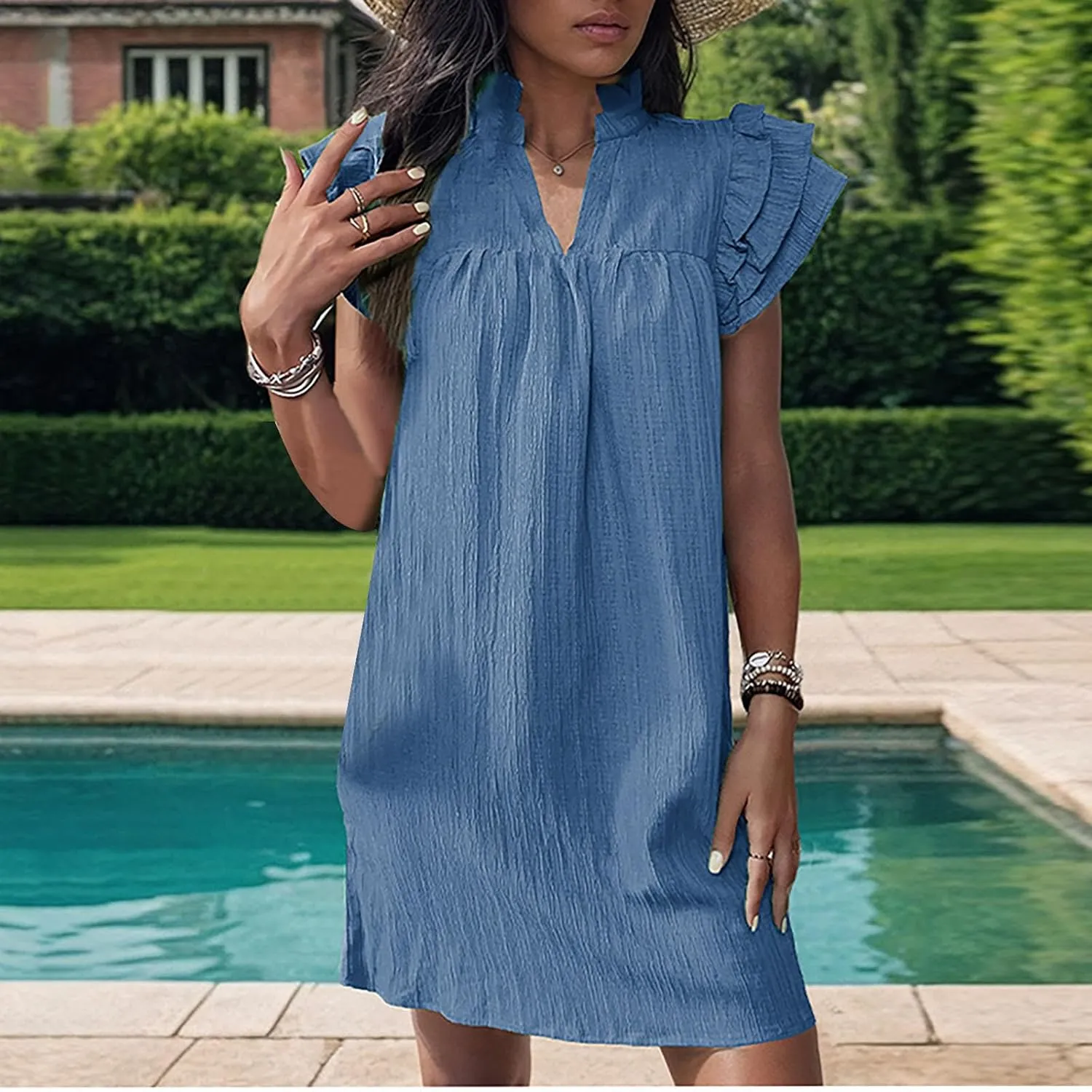 XUNRYAN T-Shirt Dresses Women Ruffle Sleeve Summer Casual Textured Short Mini Dress Trendy Sundress Beach Vacation Outfit