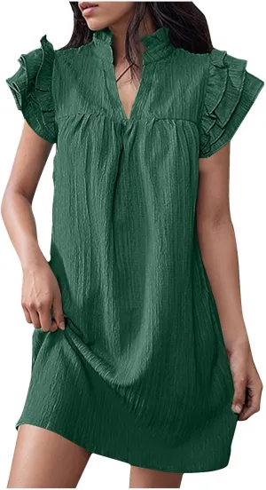 XUNRYAN T-Shirt Dresses Women Ruffle Sleeve Summer Casual Textured Short Mini Dress Trendy Sundress Beach Vacation Outfit