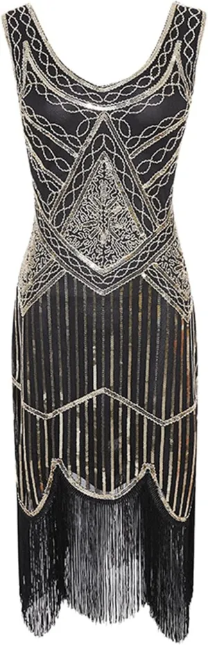 XUNRYAN Womens 1920s Sequin Fringe Dress Sleeveless V-Neck Mini Cocktail Dresses Formal Evening Party Ball Gown 20s Outfits