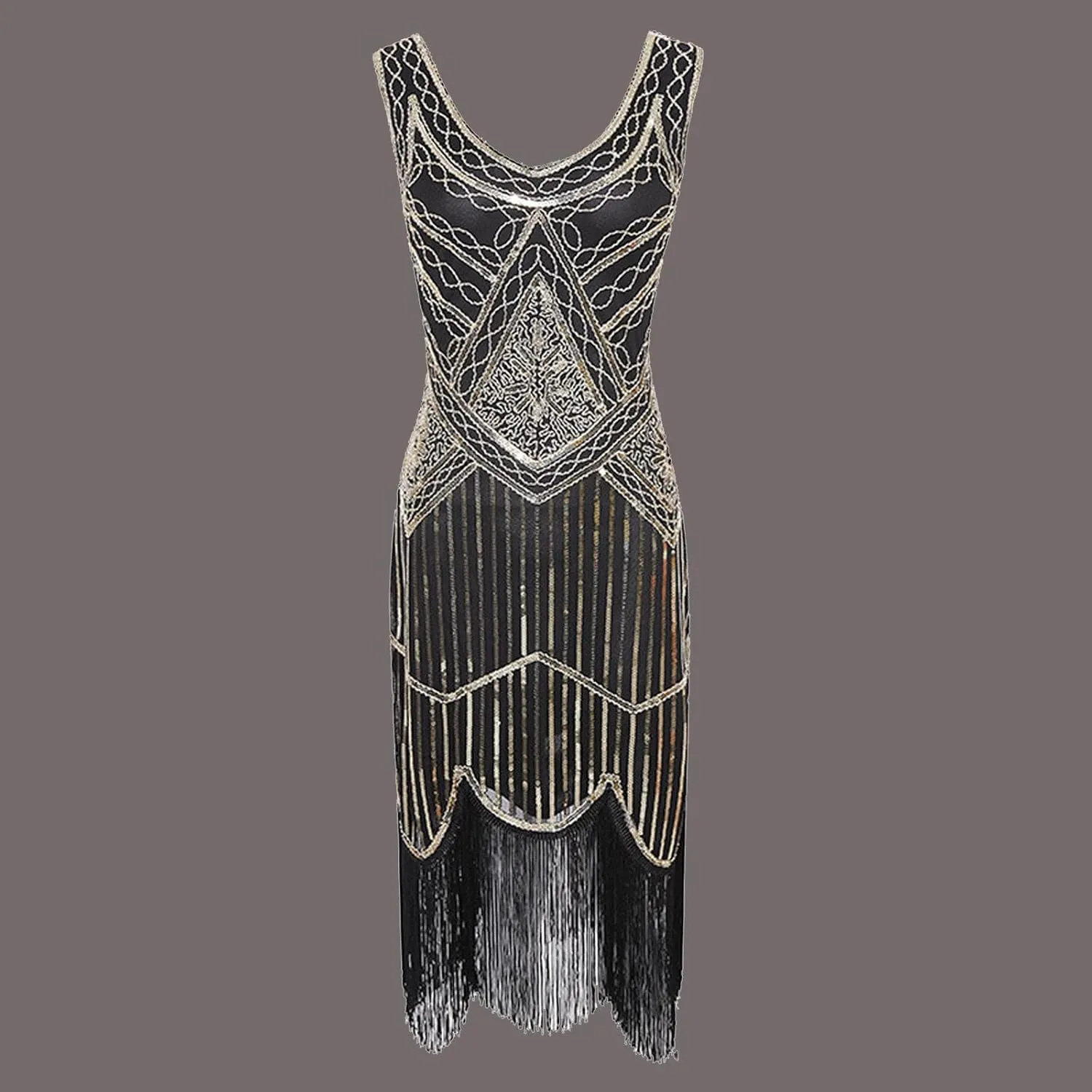 XUNRYAN Womens 1920s Sequin Fringe Dress Sleeveless V-Neck Mini Cocktail Dresses Formal Evening Party Ball Gown 20s Outfits
