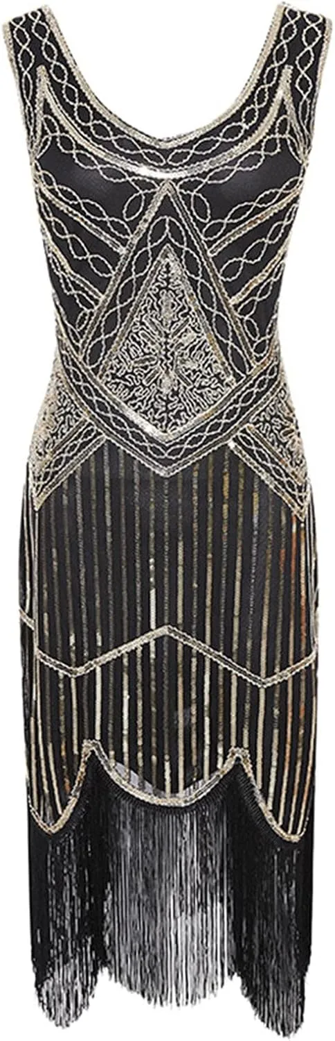 XUNRYAN Womens 1920s Sequin Fringe Dress Sleeveless V-Neck Mini Cocktail Dresses Formal Evening Party Ball Gown 20s Outfits