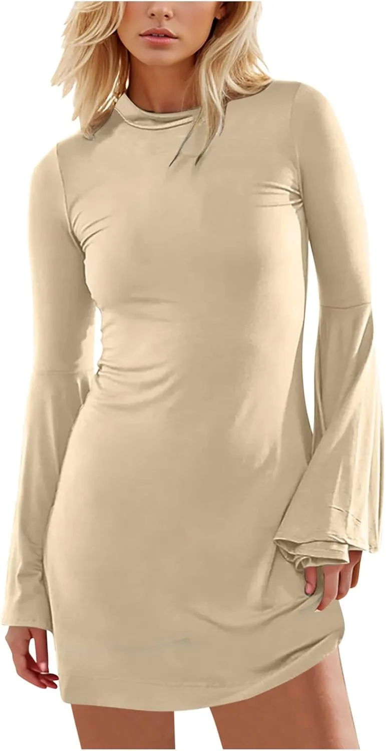 XUNRYAN Womens Spring Dresses 2025 Fashion Ruffle Long Sleeve Crewneck Mini Dress Slim Fit Party Club Basic Bodycon Dresses
