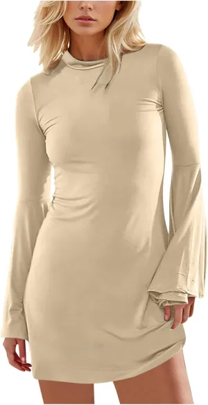 XUNRYAN Womens Spring Dresses 2025 Fashion Ruffle Long Sleeve Crewneck Mini Dress Slim Fit Party Club Basic Bodycon Dresses