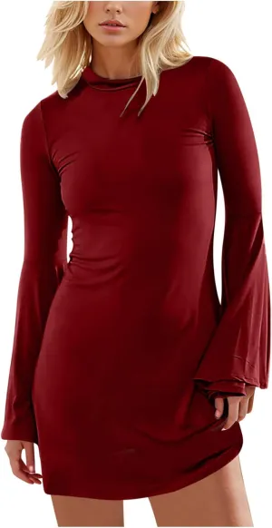 XUNRYAN Womens Spring Dresses 2025 Fashion Ruffle Long Sleeve Crewneck Mini Dress Slim Fit Party Club Basic Bodycon Dresses