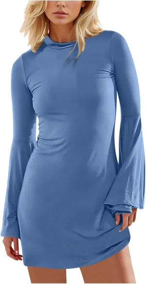 XUNRYAN Womens Spring Dresses 2025 Fashion Ruffle Long Sleeve Crewneck Mini Dress Slim Fit Party Club Basic Bodycon Dresses