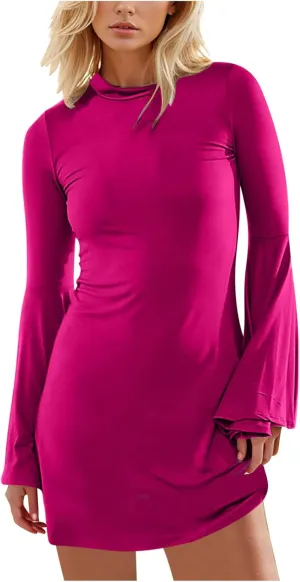 XUNRYAN Womens Spring Dresses 2025 Fashion Ruffle Long Sleeve Crewneck Mini Dress Slim Fit Party Club Basic Bodycon Dresses