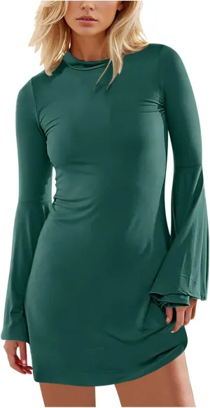 XUNRYAN Womens Spring Dresses 2025 Fashion Ruffle Long Sleeve Crewneck Mini Dress Slim Fit Party Club Basic Bodycon Dresses