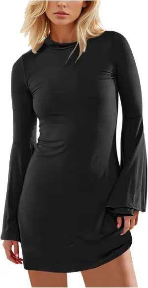 XUNRYAN Womens Spring Dresses 2025 Fashion Ruffle Long Sleeve Crewneck Mini Dress Slim Fit Party Club Basic Bodycon Dresses
