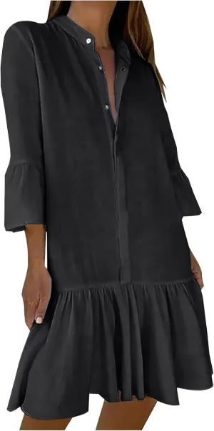XUNRYAN Women's Summer Button Up Shirt Dress Casual Short Sleeve Blouse Dressy Tiered Ruffle Mini Dresses Beach Sundress