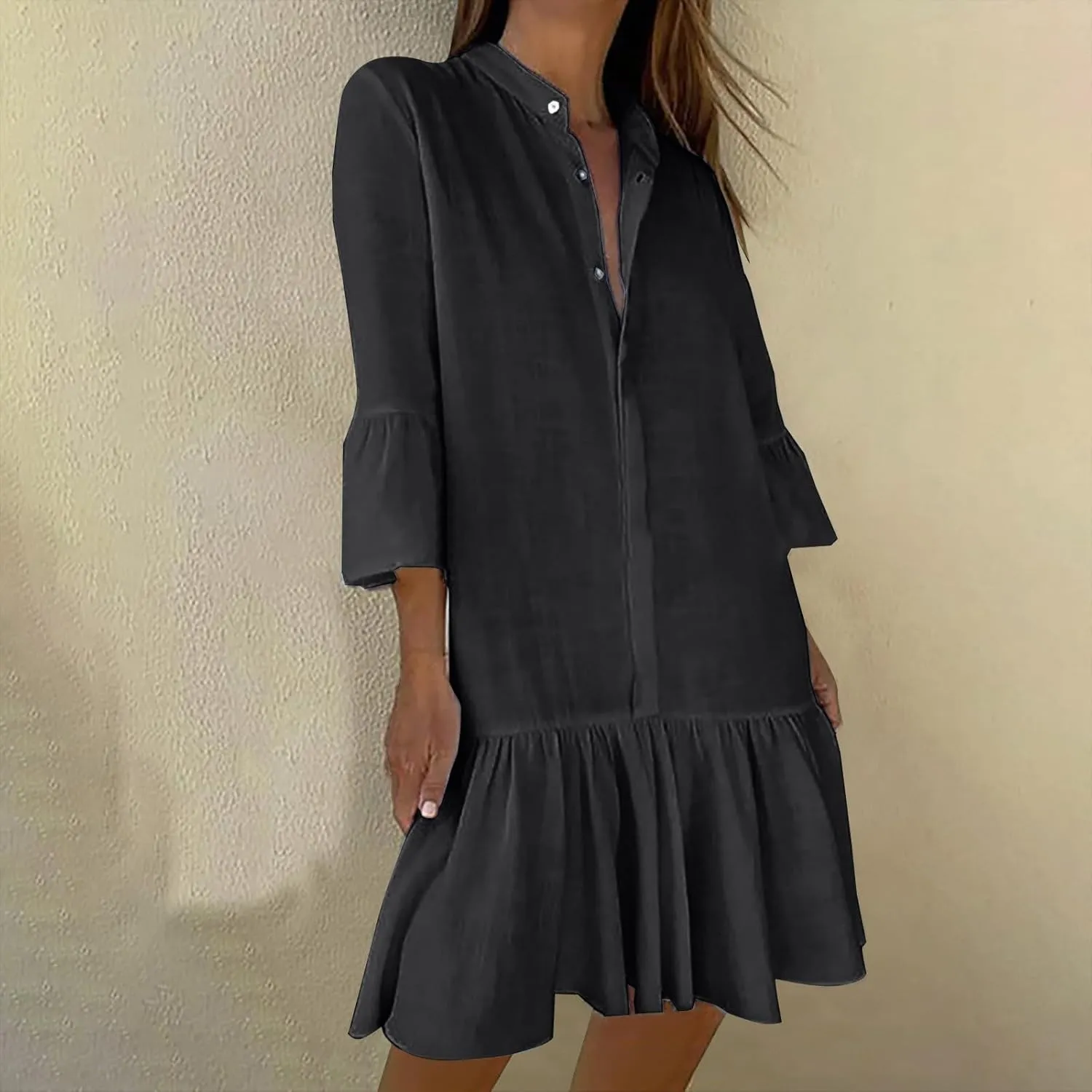 XUNRYAN Women's Summer Button Up Shirt Dress Casual Short Sleeve Blouse Dressy Tiered Ruffle Mini Dresses Beach Sundress