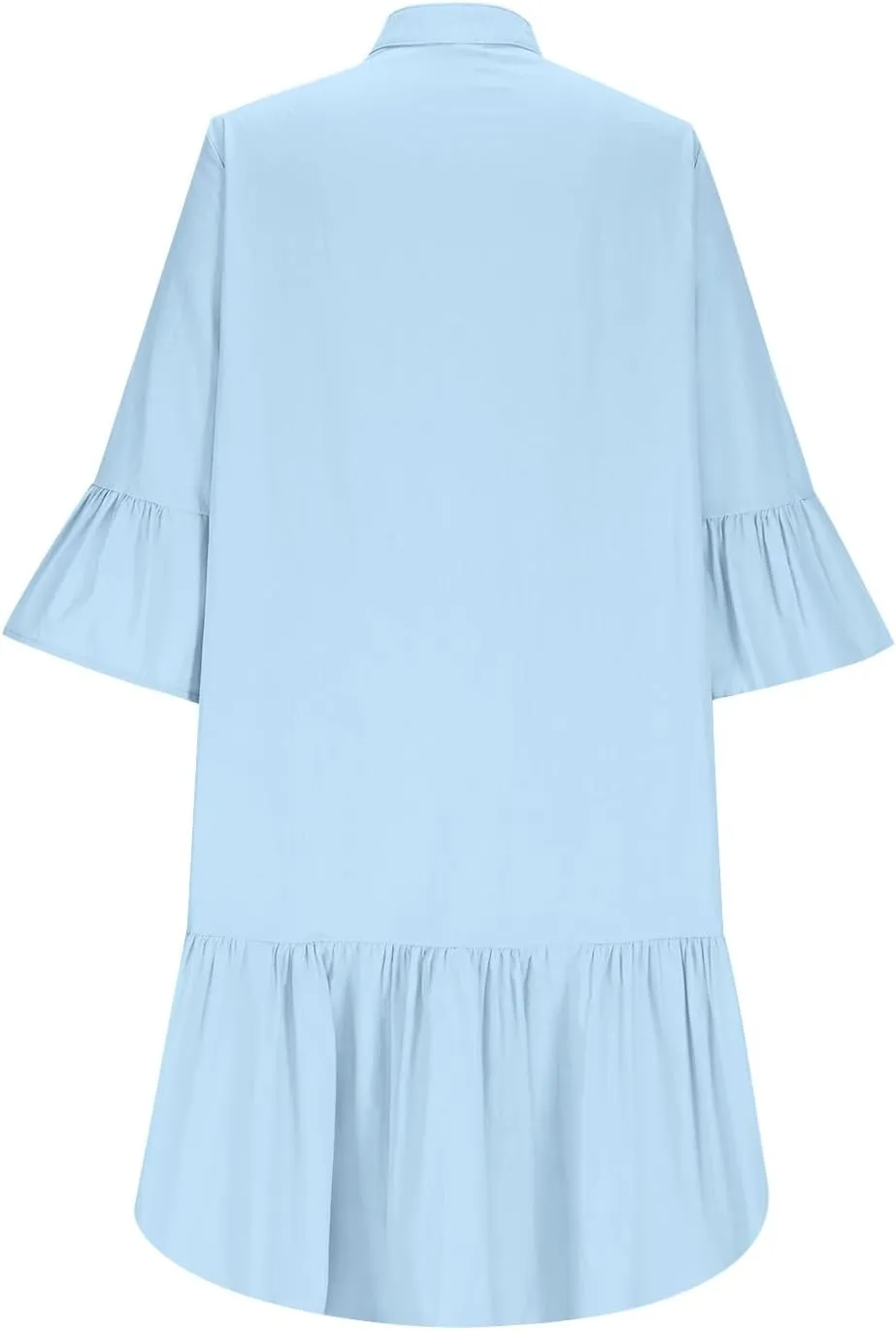 XUNRYAN Women's Summer Button Up Shirt Dress Casual Short Sleeve Blouse Dressy Tiered Ruffle Mini Dresses Beach Sundress