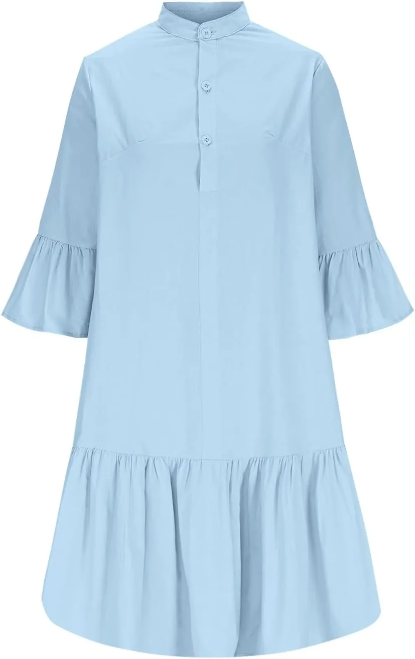 XUNRYAN Women's Summer Button Up Shirt Dress Casual Short Sleeve Blouse Dressy Tiered Ruffle Mini Dresses Beach Sundress
