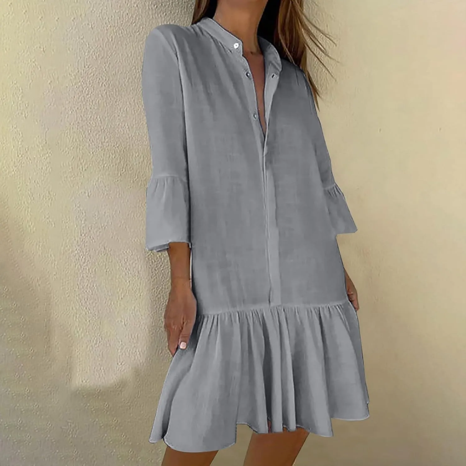 XUNRYAN Women's Summer Button Up Shirt Dress Casual Short Sleeve Blouse Dressy Tiered Ruffle Mini Dresses Beach Sundress
