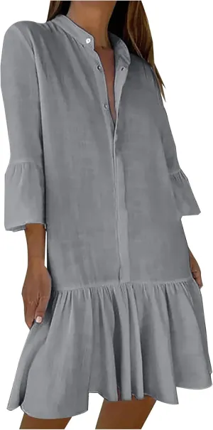XUNRYAN Women's Summer Button Up Shirt Dress Casual Short Sleeve Blouse Dressy Tiered Ruffle Mini Dresses Beach Sundress