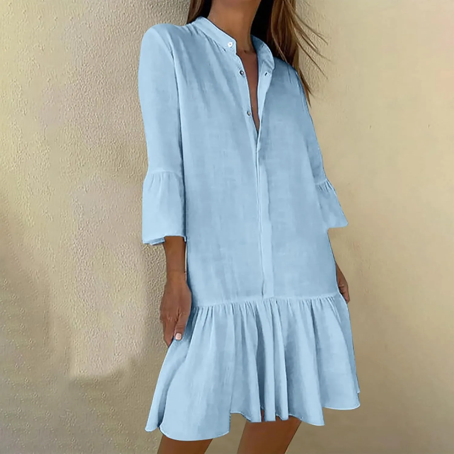 XUNRYAN Women's Summer Button Up Shirt Dress Casual Short Sleeve Blouse Dressy Tiered Ruffle Mini Dresses Beach Sundress