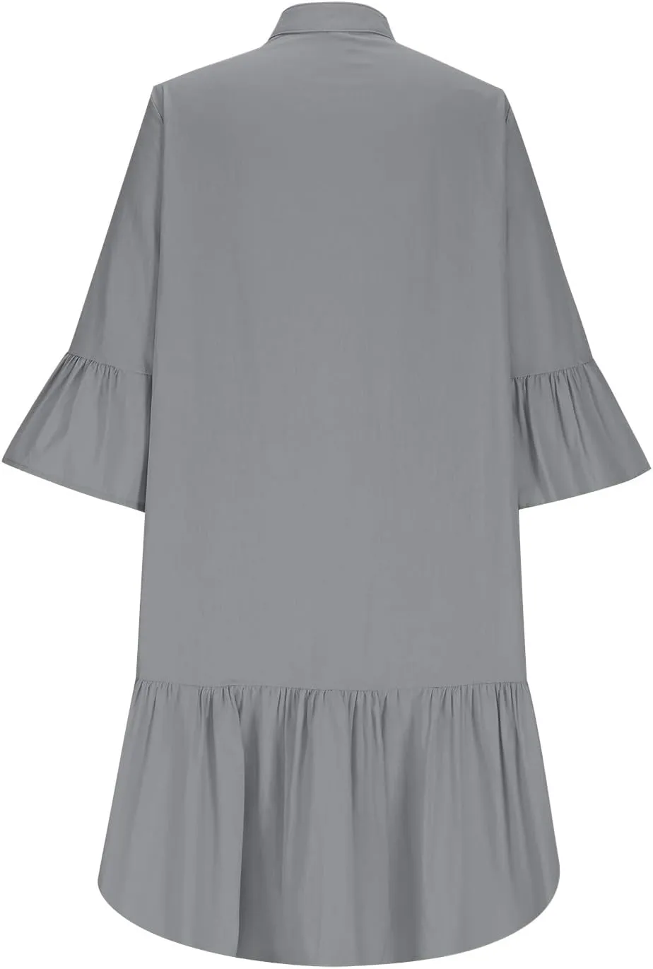 XUNRYAN Women's Summer Button Up Shirt Dress Casual Short Sleeve Blouse Dressy Tiered Ruffle Mini Dresses Beach Sundress