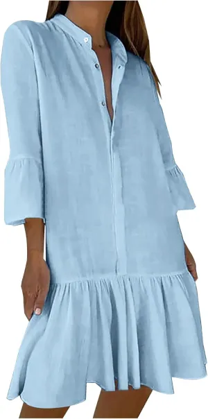 XUNRYAN Women's Summer Button Up Shirt Dress Casual Short Sleeve Blouse Dressy Tiered Ruffle Mini Dresses Beach Sundress