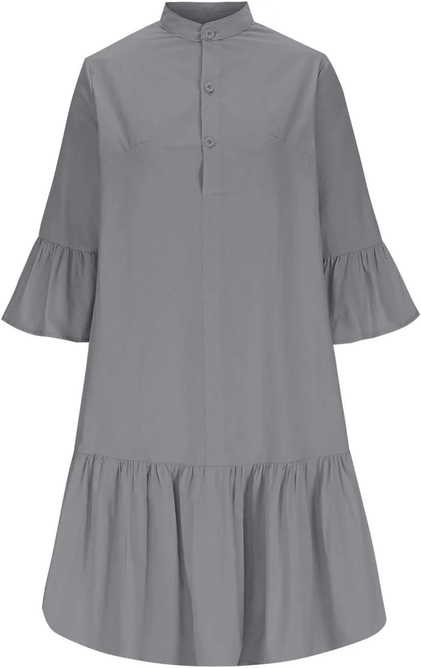 XUNRYAN Women's Summer Button Up Shirt Dress Casual Short Sleeve Blouse Dressy Tiered Ruffle Mini Dresses Beach Sundress