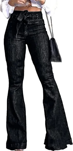 xxxiticat Women's Bell-Bottom Denim Jeans High Waist Bow Knot Lace Up Bandage Wide Leg Flared Jeans Floor Length Trouser
