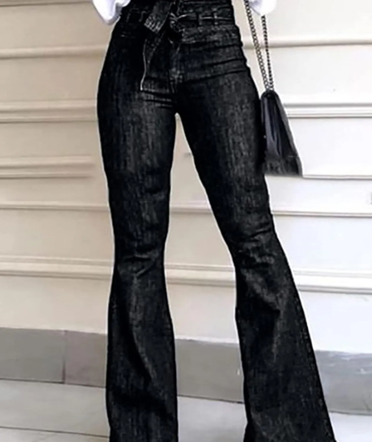 xxxiticat Women's Bell-Bottom Denim Jeans High Waist Bow Knot Lace Up Bandage Wide Leg Flared Jeans Floor Length Trouser