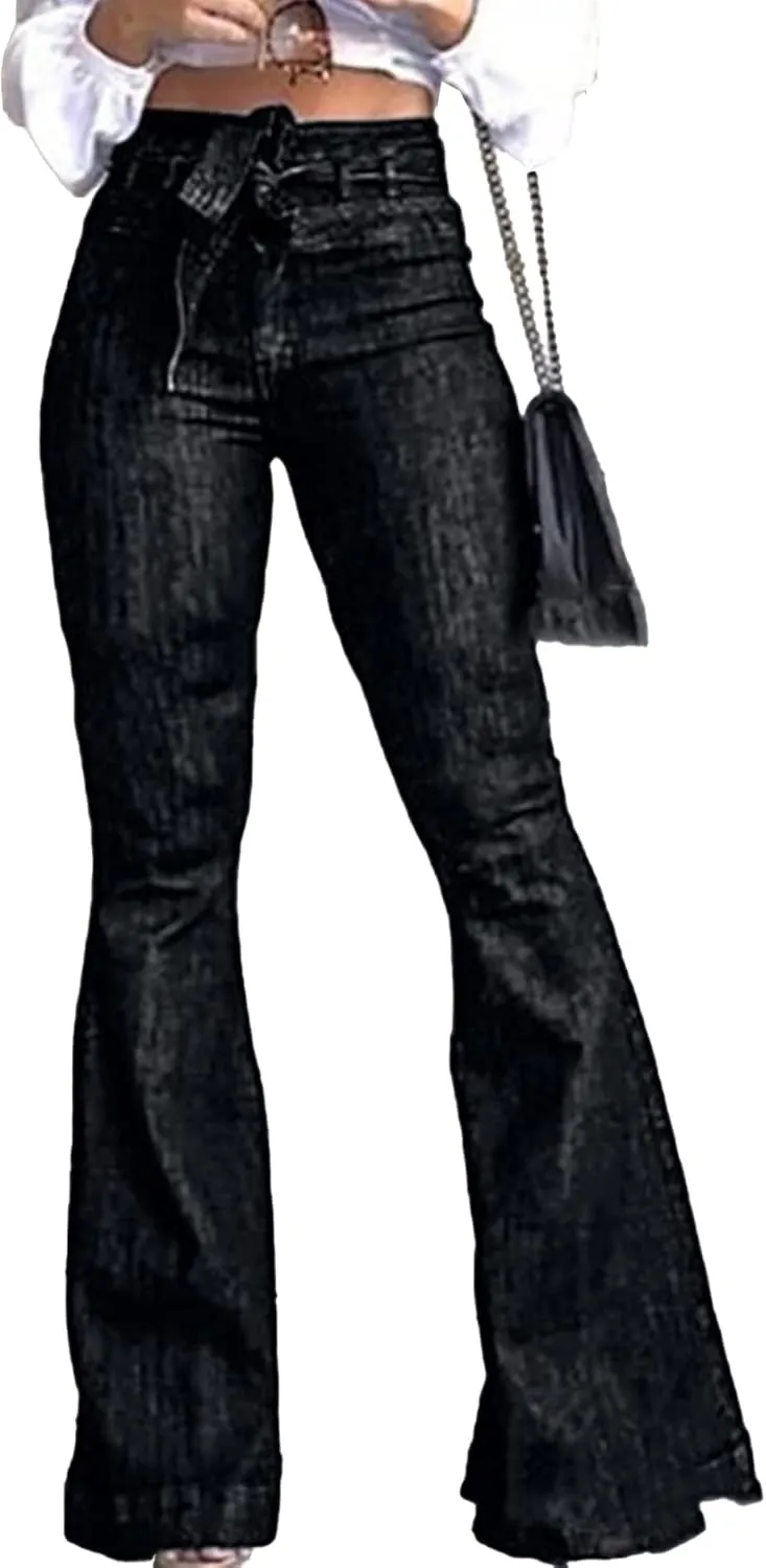 xxxiticat Women's Bell-Bottom Denim Jeans High Waist Bow Knot Lace Up Bandage Wide Leg Flared Jeans Floor Length Trouser