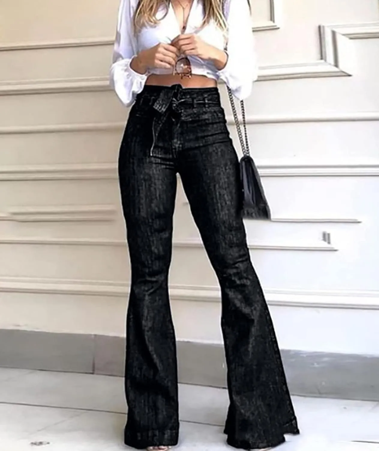 xxxiticat Women's Bell-Bottom Denim Jeans High Waist Bow Knot Lace Up Bandage Wide Leg Flared Jeans Floor Length Trouser