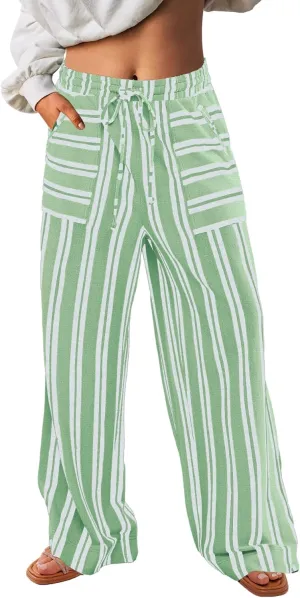 Yanekop Womens Striped Pants Casual Long Pants Wide Leg Lounge Pants with Pockets Loose Trousers High Waist Drawstring