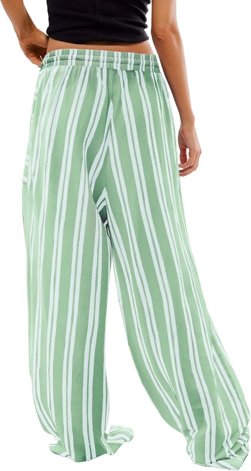 Yanekop Womens Striped Pants Casual Long Pants Wide Leg Lounge Pants with Pockets Loose Trousers High Waist Drawstring