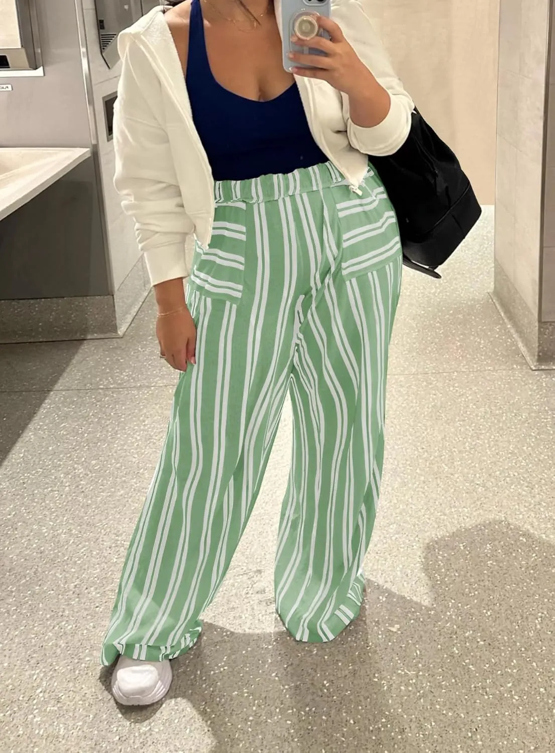 Yanekop Womens Striped Pants Casual Long Pants Wide Leg Lounge Pants with Pockets Loose Trousers High Waist Drawstring