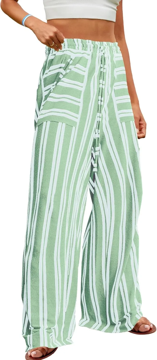 Yanekop Womens Striped Pants Casual Long Pants Wide Leg Lounge Pants with Pockets Loose Trousers High Waist Drawstring
