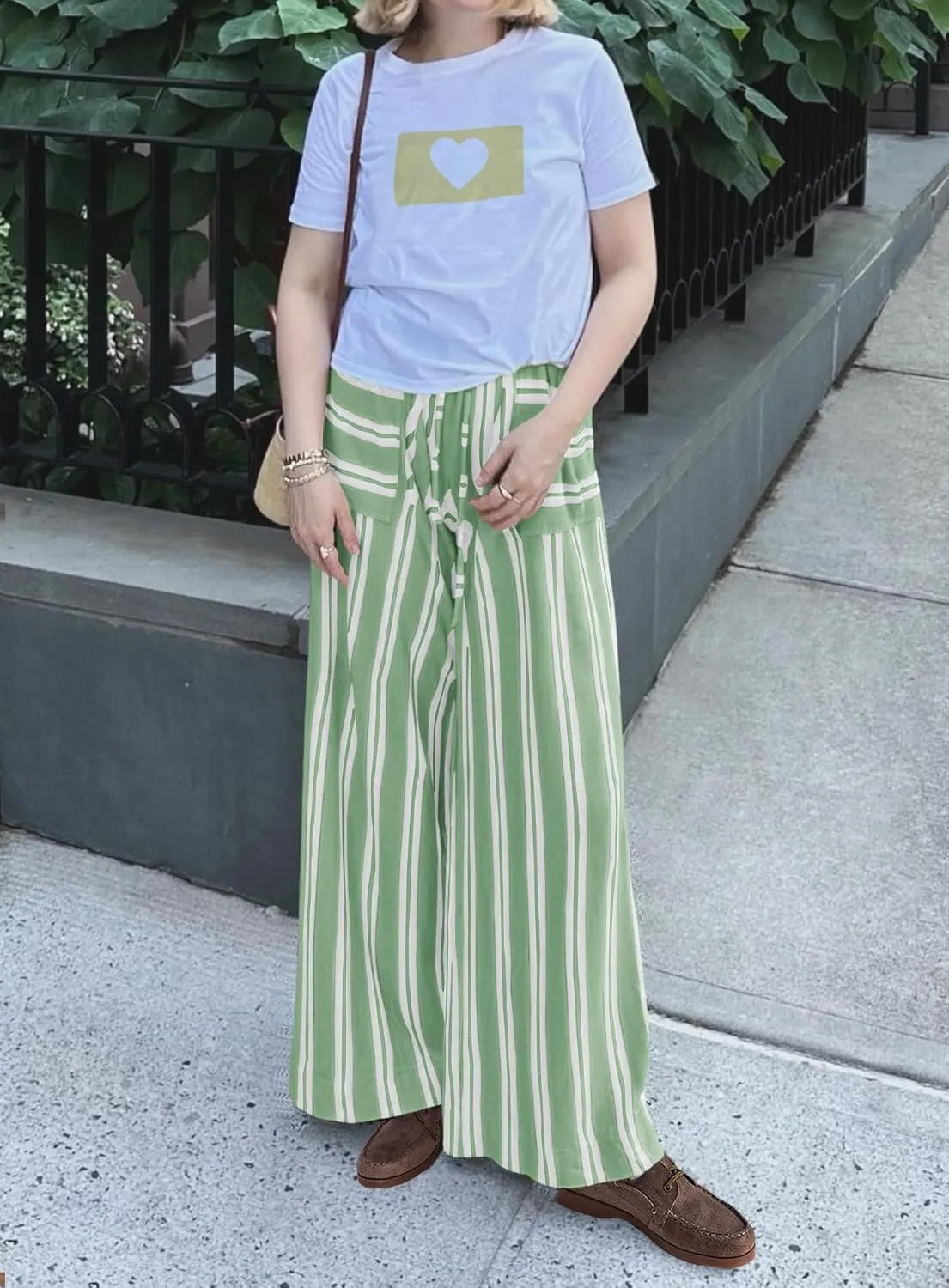 Yanekop Womens Striped Pants Casual Long Pants Wide Leg Lounge Pants with Pockets Loose Trousers High Waist Drawstring
