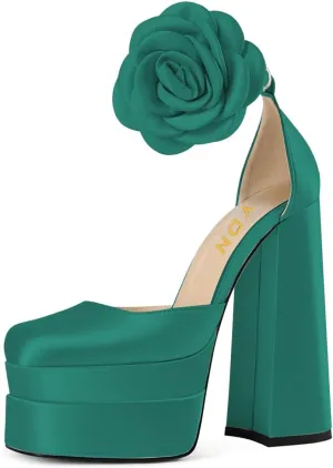YDN Women Platform Square Toe Pumps Flower Block High Heels Ankle Strap Heeled D'Orsay Party Prom Shoe Size 4-15 US