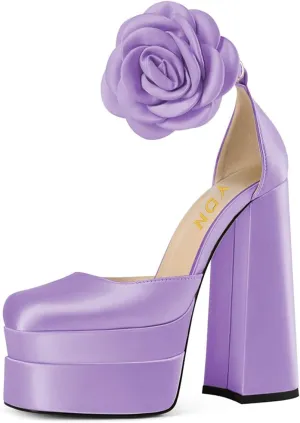 YDN Women Platform Square Toe Pumps Flower Block High Heels Ankle Strap Heeled D'Orsay Party Prom Shoe Size 4-15 US