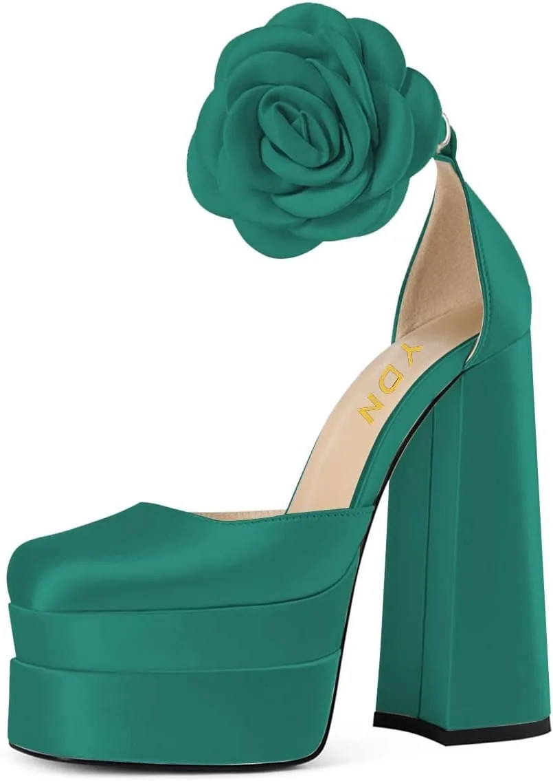 YDN Women Platform Square Toe Pumps Flower Block High Heels Ankle Strap Heeled D'Orsay Party Prom Shoe Size 4-15 US