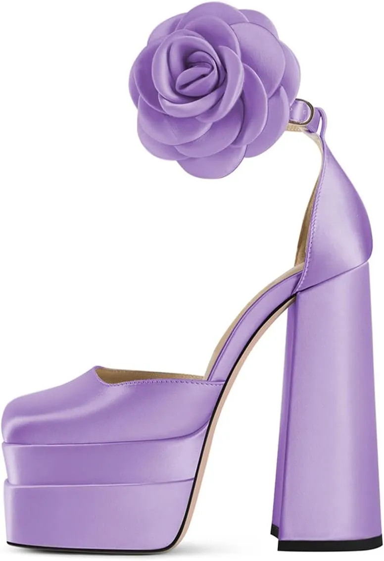 YDN Women Platform Square Toe Pumps Flower Block High Heels Ankle Strap Heeled D'Orsay Party Prom Shoe Size 4-15 US