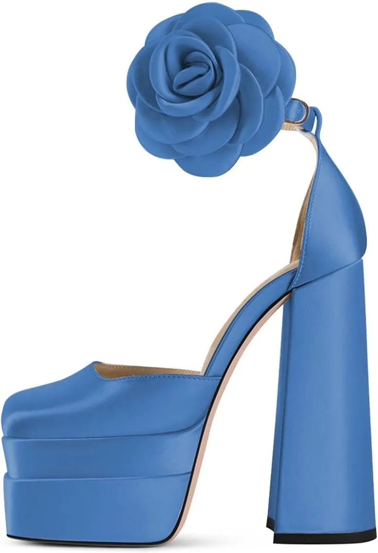 YDN Women Platform Square Toe Pumps Flower Block High Heels Ankle Strap Heeled D'Orsay Party Prom Shoe Size 4-15 US