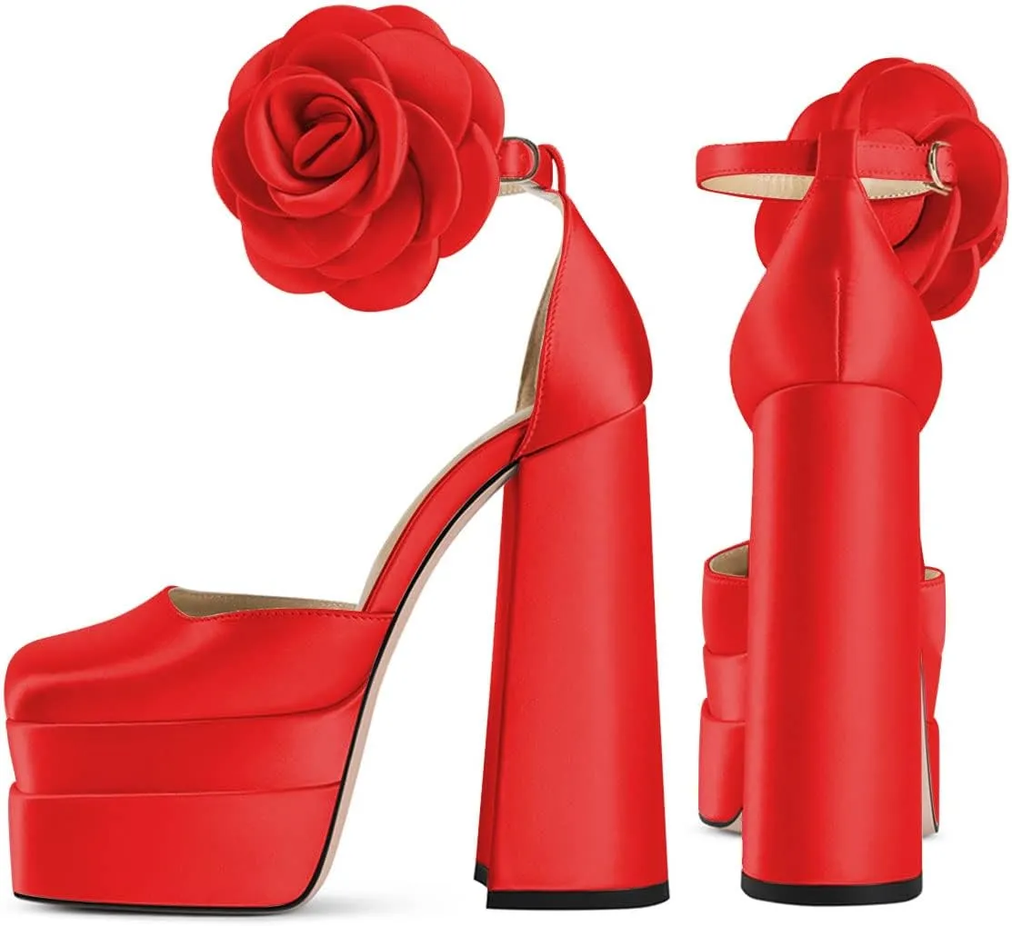 YDN Women Platform Square Toe Pumps Flower Block High Heels Ankle Strap Heeled D'Orsay Party Prom Shoe Size 4-15 US