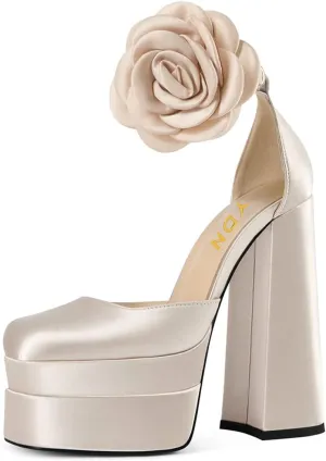 YDN Women Platform Square Toe Pumps Flower Block High Heels Ankle Strap Heeled D'Orsay Party Prom Shoe Size 4-15 US