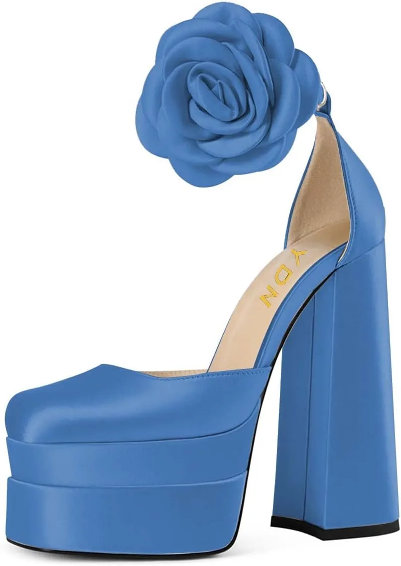 YDN Women Platform Square Toe Pumps Flower Block High Heels Ankle Strap Heeled D'Orsay Party Prom Shoe Size 4-15 US